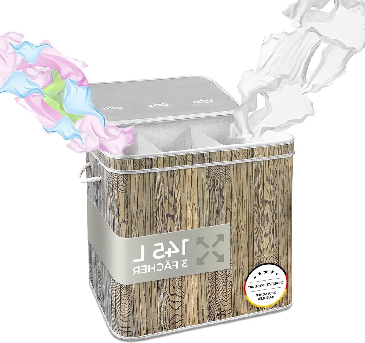 Goedkoopste Bamboe Wasbox Camps Bay met Deksel en 3 Vakken - Badkamer Organisator voor Was - 145 liter wassorteerder