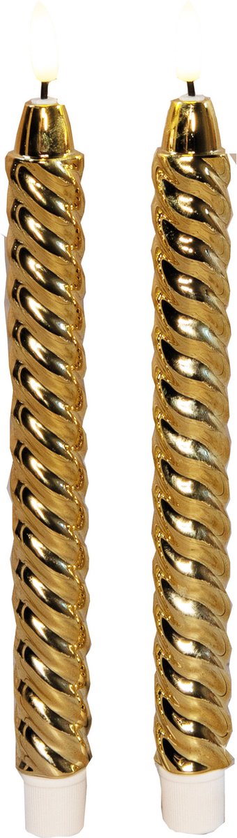 Anna's Collection LED dinerkaarsen - 2x st - goud - glimmend - 25 cm - swirl - 3D vlam Goudkleurig