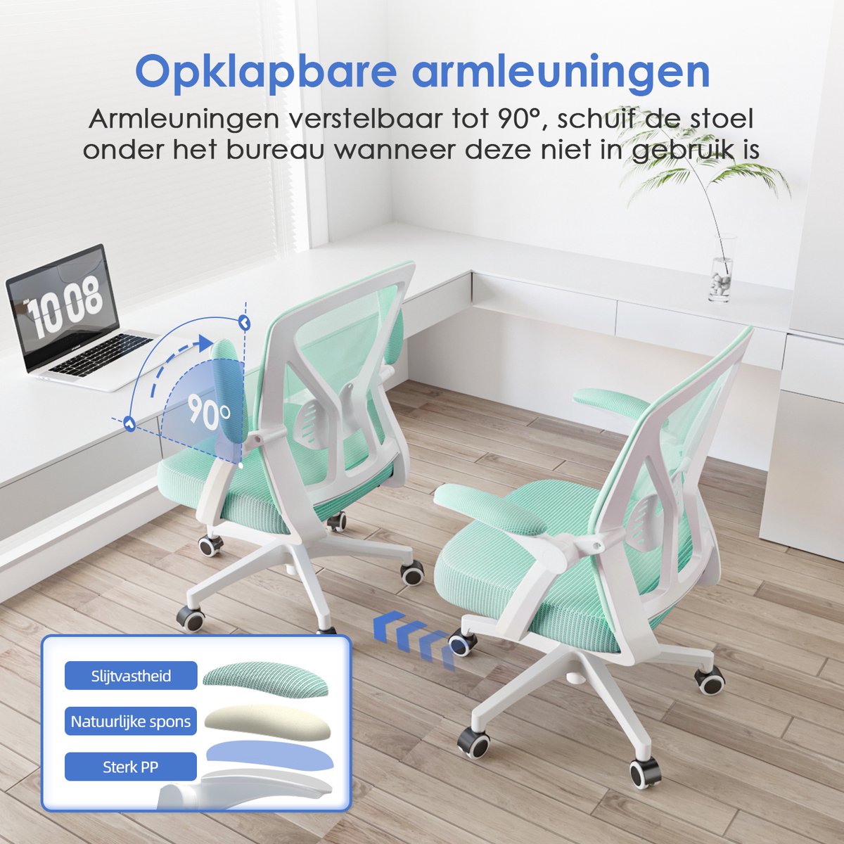 Elekiatech Ergonomische Bureaustoel - Bureaustoel - Opklapbare Armleuningen - Bureaustoelen voor Volwassenen - 150 Kg - Blauwgroen thumbnail 6