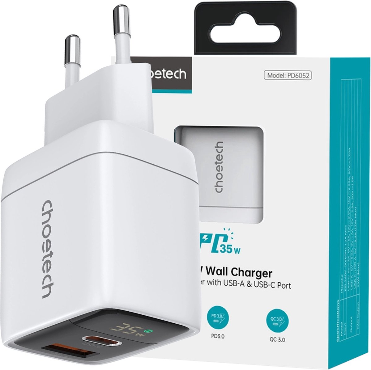 Choetech - PD6052 - USB-C USB-A PD 35W GaN wandlader met display - wit