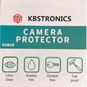 Verpakking voor een cameraprotector met het logo van Kbstronics en iconen voor 'Ultra clear', 'Bubble free', 'Scratch free' en 'Fall proof'.