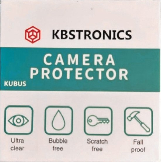 Verpakking voor een cameraprotector met het logo van Kbstronics en iconen voor 'Ultra clear', 'Bubble free', 'Scratch free' en 'Fall proof'.