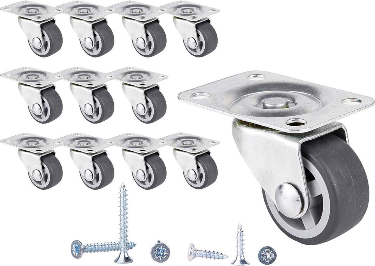 Zwenkwielen 30 mm Set van 12 Rubberen Wielen Meubelwielen met Montageplaten Inclusief Schroeven