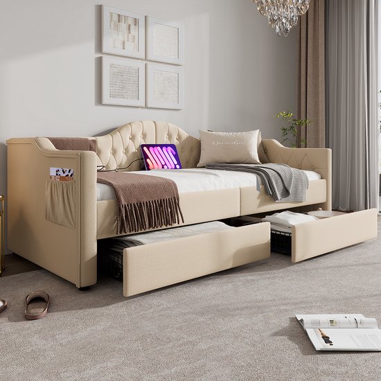 Canapé lit 90x200cm, lit adult lit 1 place avec usb, 2 tiroirs de rangement et sommier, velours