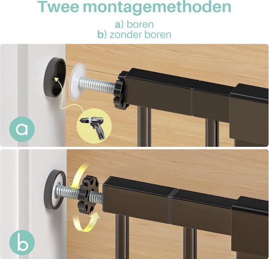 Twee montagemethoden: met boren (a) en zonder boren (b). Zwart hek met schroefbevestiging.