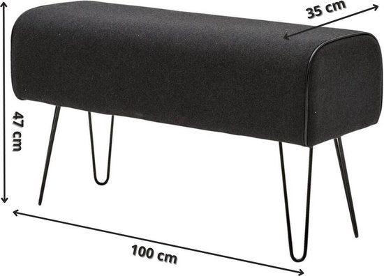 Pouffe gris foncé de 100x35x47 cm avec pieds compas en métal.