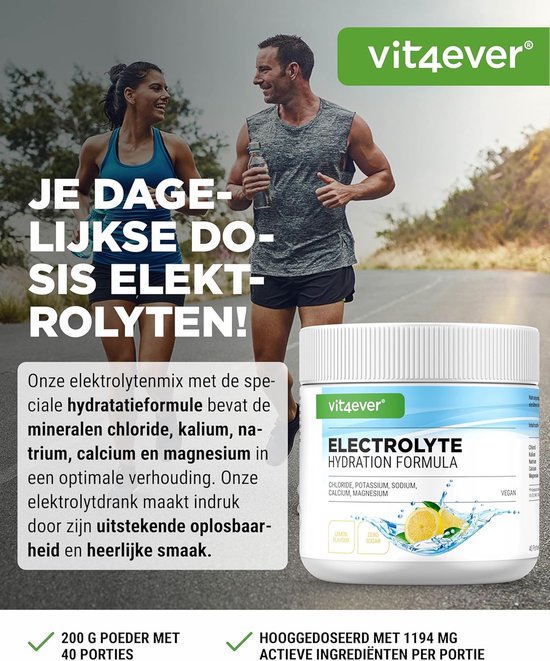 Elektrolyten - 200 g (40 porties) - Hydratatieformule met chloride, kalium, natrium, calcium, magnesium - Perfect voor sporters met vochtverlies - Zonder suiker - Veganistisch - Citroensmaak - Vit4ever — afbeelding 3