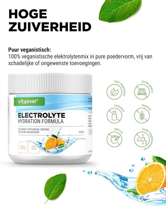 Elektrolyten - 200 g (40 porties) - Hydratatieformule met chloride, kalium, natrium, calcium, magnesium - Perfect voor sporters met vochtverlies - Zonder suiker - Veganistisch - Sinaasappelsmaak - Vit4ever — afbeelding 5