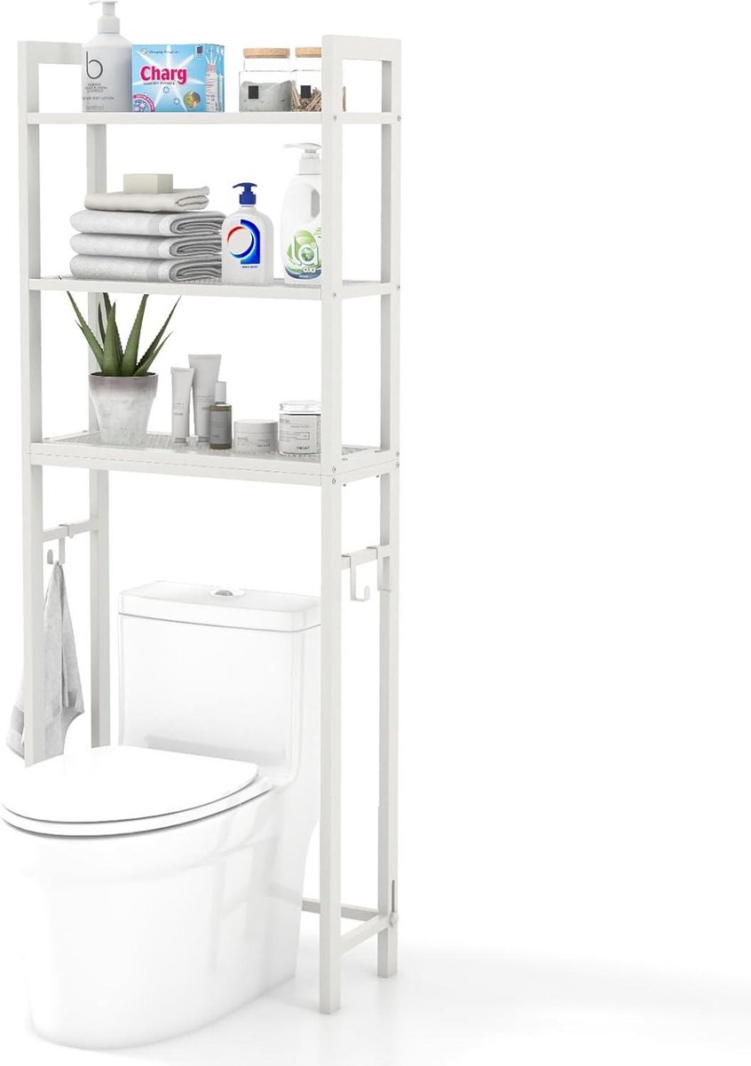 Toiletrek met 3 planken en 3 haken - 170 cm - voor wasmachine - wit Wasmachine rek