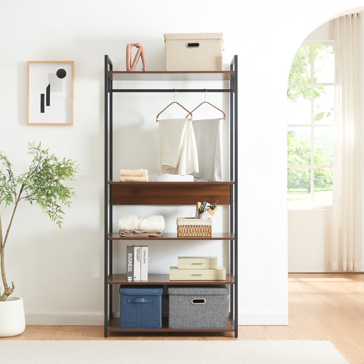 en.casa Kledingkast Larem met 5 planken 180x84x40 cm zwart en walnootkleurig [en.casa]