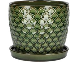 Sierpot keramisch vintage - Bloempot met visschubbenpatroon groen - Diameter 17 cm met lekbak