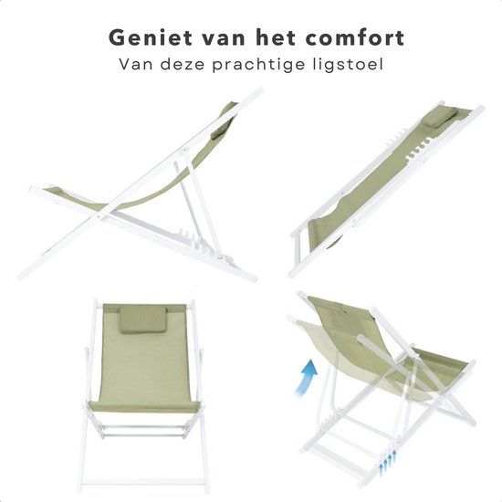 Cheqo® Ligstoel - Opvouwbare Tuinstoel - Strandstoel Opvouwbaar - Campingstoel - Wit Aluminium Frame - Groen Doek - Inklapbaar - Verstelbaar - 101x61x91cm - Gewicht 3.8kg van Cheqo — afbeelding 4