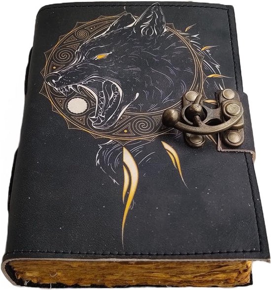 Leren Dagboek - Zwarte Wolf - met vintage hakje - Leren Notitieboek - Schrijfboek - Journal - Schetsboek - Notebook - met Zwarte Wolf - (lxbxd) ca. 18cm x 13cm x 4cm