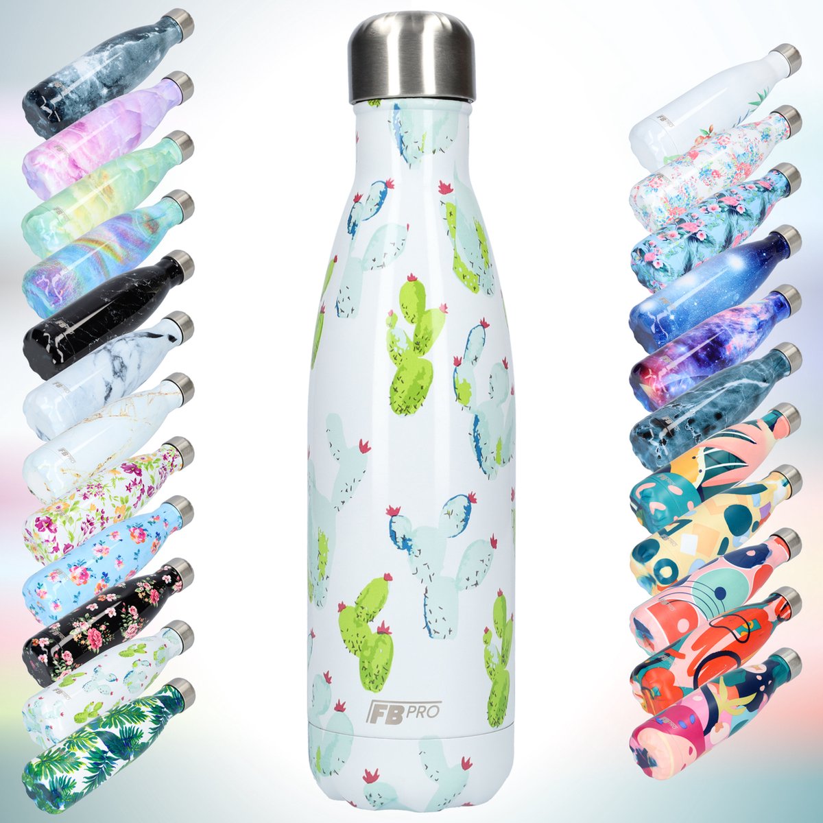 FBFS42, Thermosfles, Drinkfles, Waterfles - Modern & Slank Design - Thermos Fles voor de Warme en Koude Dagen - Dubbelwandig - Robuuste Thermoskan - 500ml - Cactus White - Cactus Wit