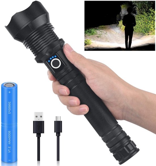Lampe Torche LED P70 Ultra Puissante - Rechargeable - Camping Tactique - Noire