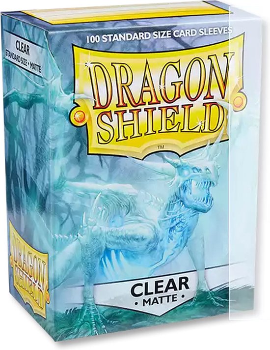Doosje Dragon Shield Clear Matte kaarthoesjes met een draak erop, met aan de rechterkant een doorzichtig hoesje.