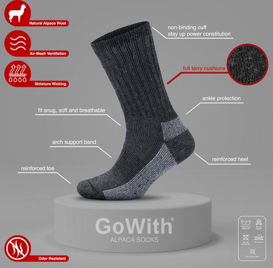GoWith - chaussettes en laine - chaussettes en alpaga - 2 paires - chaussettes en laine pour diabète - éponge complète - chaussettes maison - chaussettes chaudes - chaussettes d'hiver - chaussettes thermiques - chaussettes cadeaux - taille 35-38