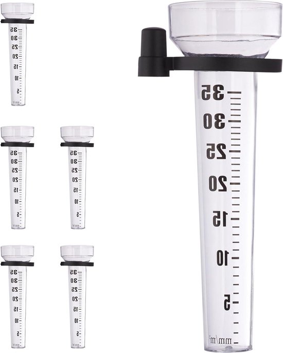 Foto: Regenmeter set van 6 met houder pluviometer voor in de tuin maatstrepen tot 35 mm m kunststof transparant en zwart