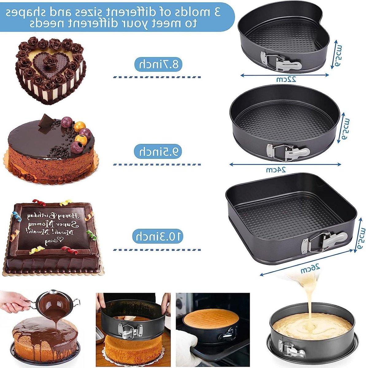Bakvormset afneembare bodem - rond hart vierkant - antiaanbaklaag - taartvorm - bakken taarten brood - 3 stuks tartelette vormen