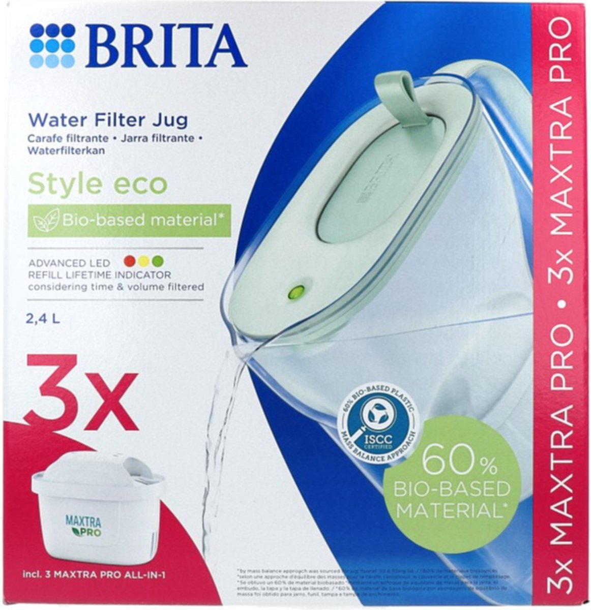 BRITA Style Waterfilterkan - 2.4L, Blauw | Met MAXTRA PRO Filter Tegen PFAS*, Chloor & Kalk | LED-indicator, Koelkastvriendelijk