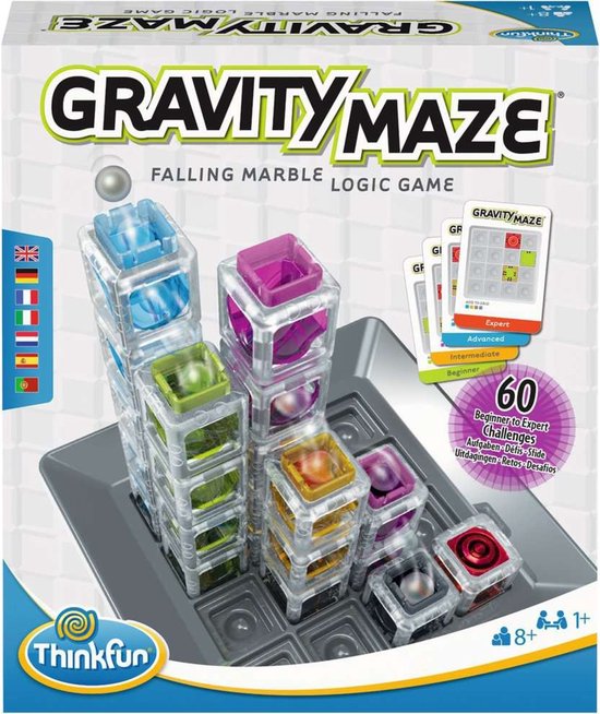 Doos van Gravity Maze met een opstelling van de torens, met gekleurde kubussen: blauw, groen, oranje, paars.