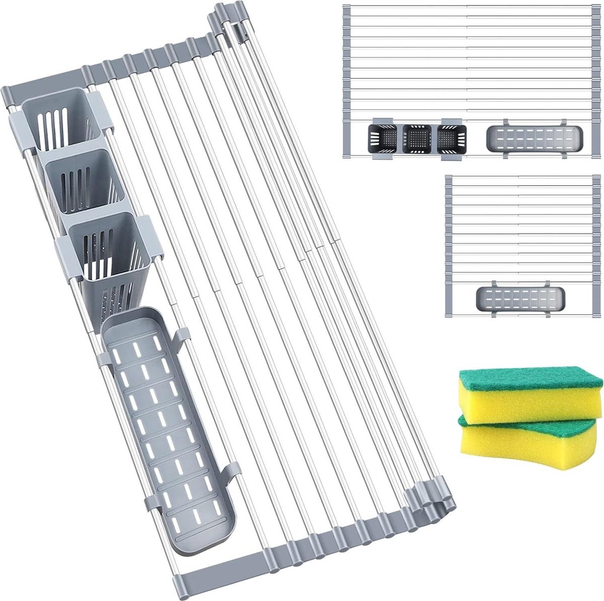 Goedkoopste Uittrekbaar afdruiprek voor servies - 57 cm - 2 gereedschapshouders - inklapbaar wasrek - roestvrij staal - siliconen gecoate rand - gootsteen - keuken