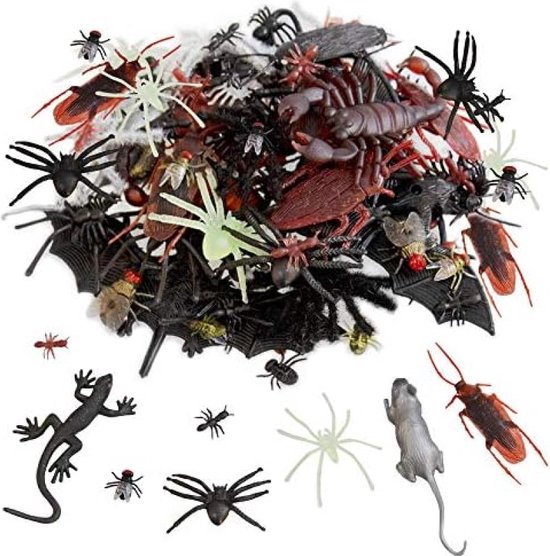 150 Stuks Zwart Plastic Spinnen Bugs Halloween Prank Toys, Realistisch Nep Insect Ratten Vleermuizen Kakkerlakken Gekko's Duizendpoten Vliegen voor Kinderen Halloween Party Decoraties Gunsten
