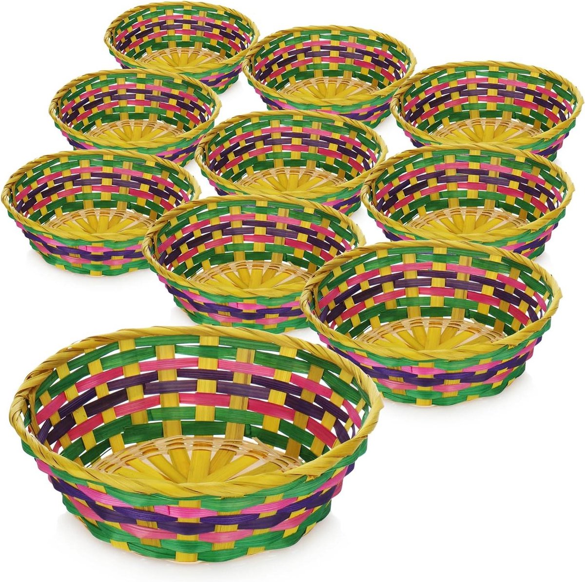 10x raffia manden in vrolijke kleuren ter decoratie Paasmand manden voor paaseieren broodjes snacks sleutels Paasdecoraties gekleurde broodmand 10 stuks kleurrijk