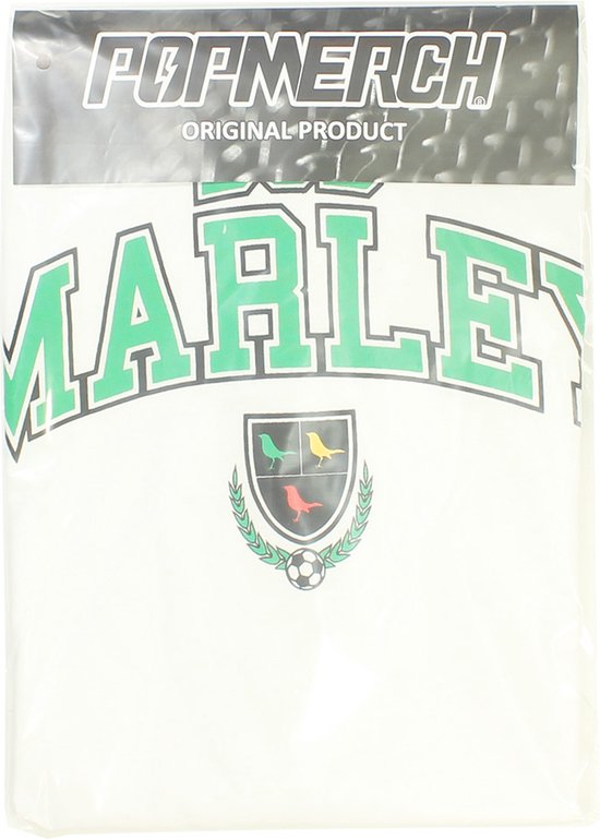 Witte T-shirt met 'BOB MARLEY' opdruk, in plastic verpakking met 'POPMERCH ORIGINAL PRODUCT'.