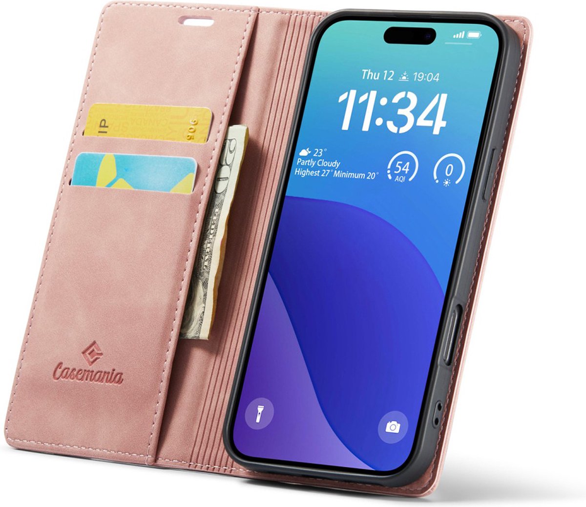 CaseMania Bookcase hoesje geschikt voor iPhone 16 Pro - Effen Roze - Kunstleer