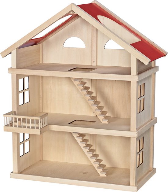 Houten poppenhuis met drie verdiepingen, rode daken, balkon en houten trappen. Lege kamers met ramen.