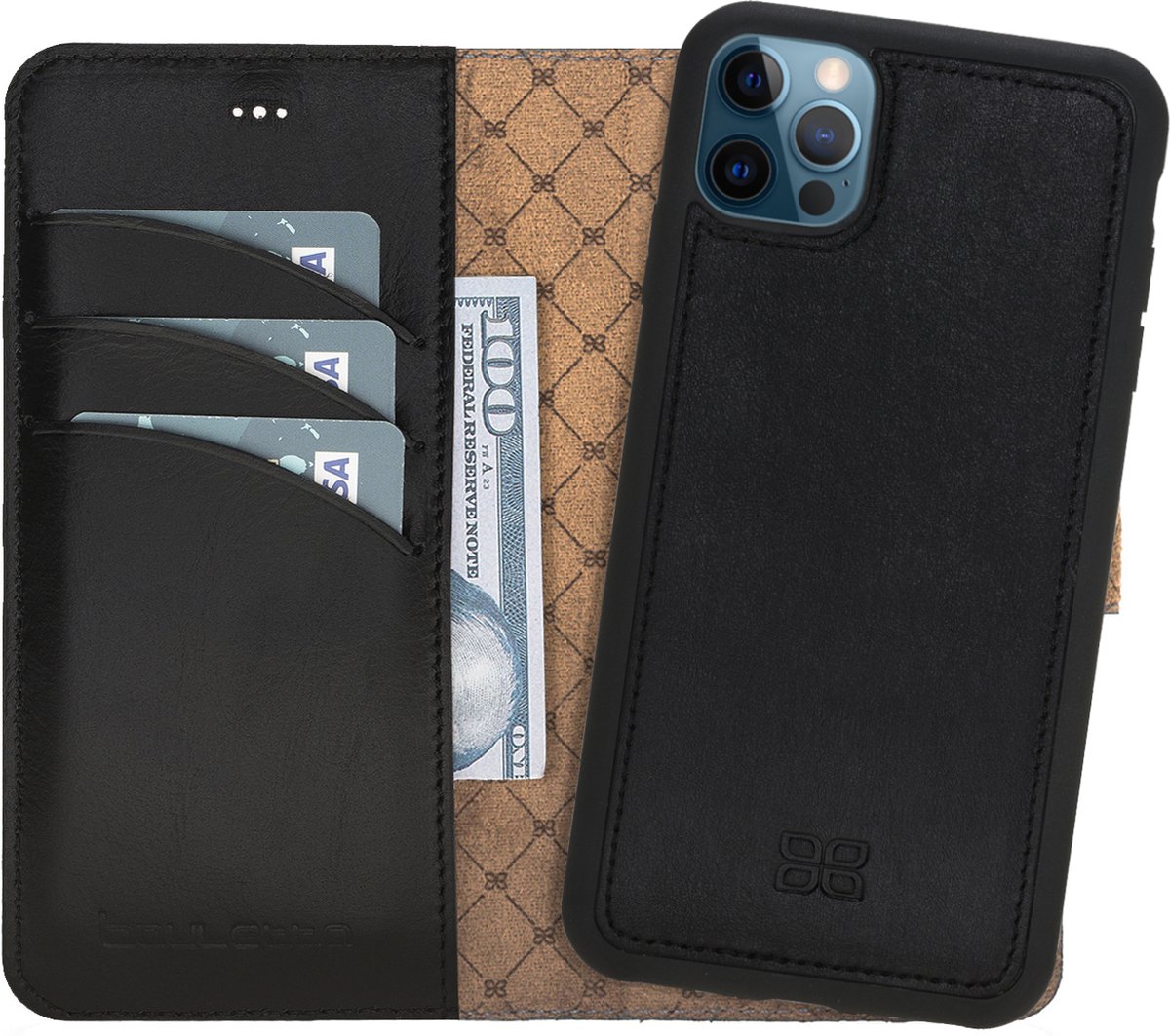 Bouletta geschikt voor iPhone 16 Pro Uitneembaar leren Magsafe BookCase Hoesje - Rustic Black