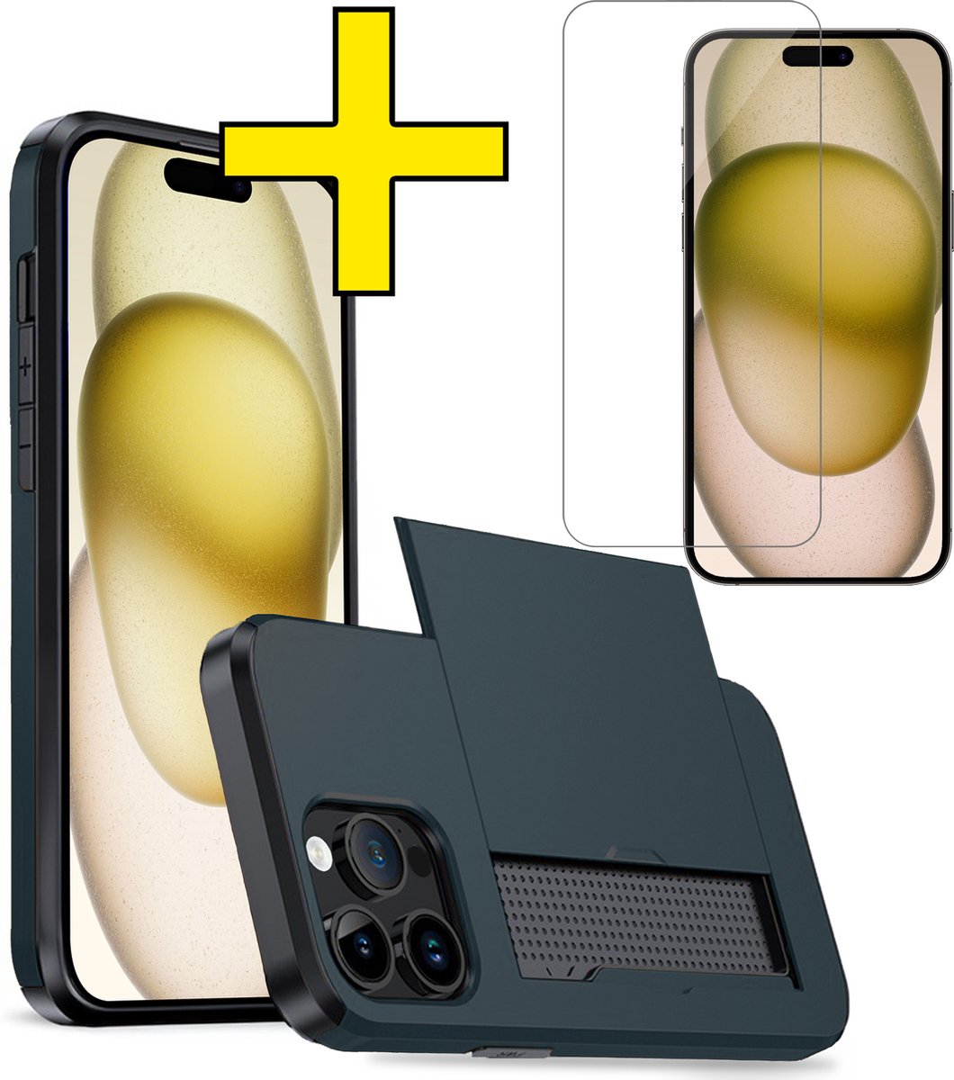 Hoesje Geschikt voor iPhone 15 Pro Max Hoesje Case Pashouder Hard Cover Met Screenprotector - Hoes Geschikt voor iPhone 15 Pro Max Hoesje Met Kaarthouder - Donkerblauw