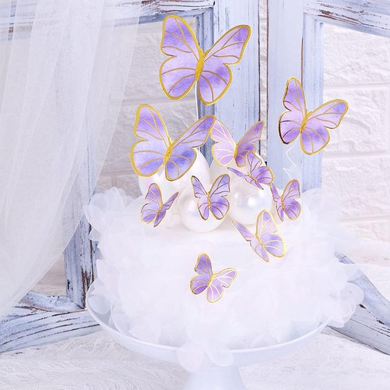 YIMXUAN 42 stuks vlinders taartdecoratie, taartdecoratie vlinder, 3D driedimensionale taart, verjaardag cupcake-topper, dessertfeest, 2 x roze en paars