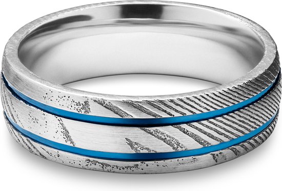 Fortis | Bague en acier Damas et en titane bleu à double cannelure - 7 mm