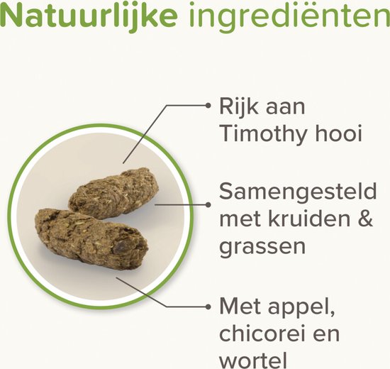 Beaphar Care+ Nature. Afbeelding van konijnenvoer met klaver, kruiden, gras, appel, cichorei en wortel.