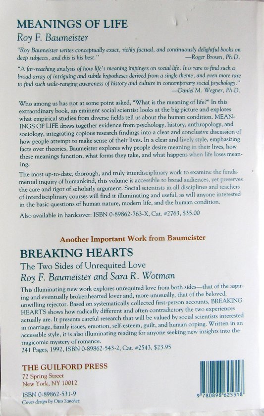 Achterkant van het boek 'Meanings of Life' en 'Breaking Hearts' door Roy F. Baumeister.