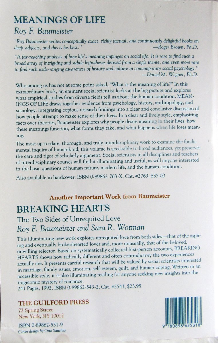 Achterkant van het boek 'Meanings of Life' en 'Breaking Hearts' door Roy F. Baumeister.