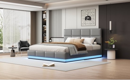 Lit Double 180x200 Cm Avec Rangement Coffre, LED RGB, Ports USB/Type-C - Cadre De Lit En Lin, Sans Matelas - 3