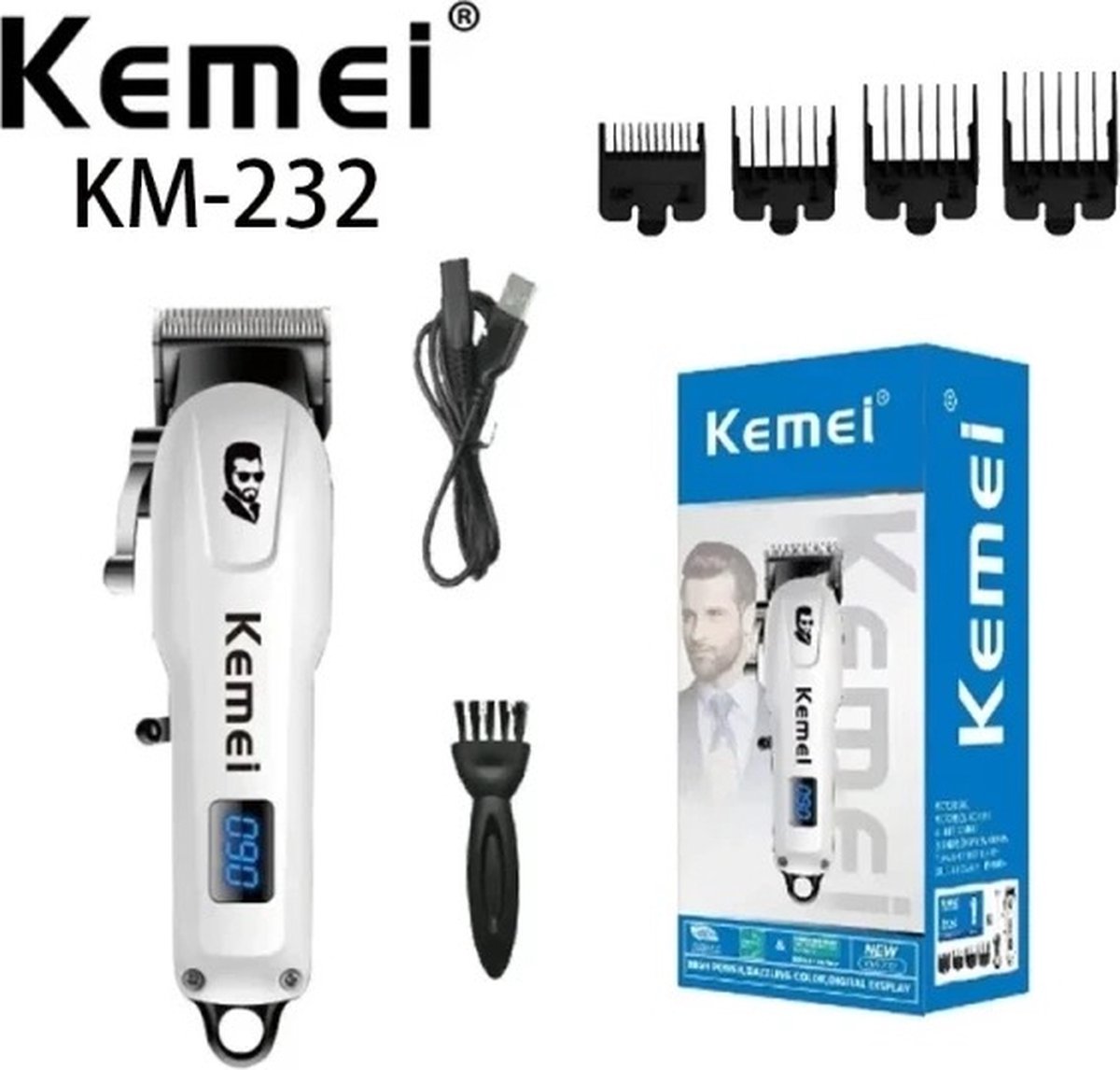 Kemei KM-232 Professionele Tondeuse met Usb Opladen Draadloze Haar Trimmer Met Lcd scherm met meerdere opzet stukken thumbnail 4