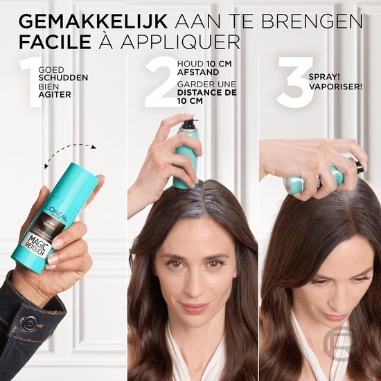 Stappenplan voor L'Oréal Paris Magic Retouch: schudden, 10 cm afstand houden en sprayen.