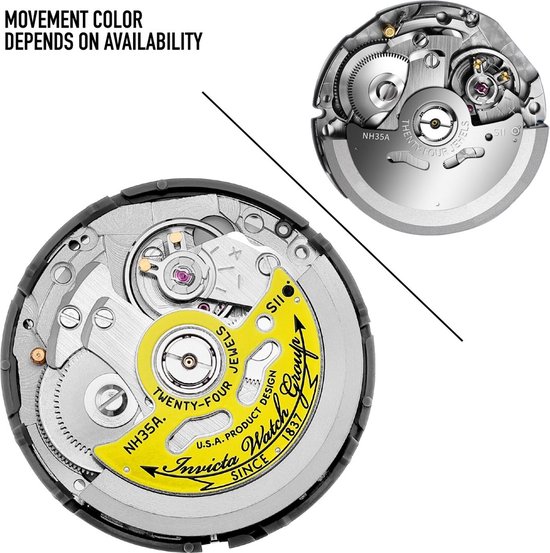 Vergelijking van twee horlogemechanismes met de tekst 'Movement color depends on availability'.