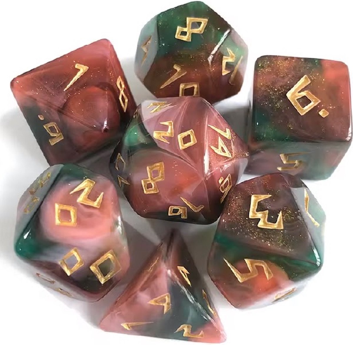 Lapi Toys - Dungeons and Dragons dobbelstenen - DnD Dice - Polydice - Dobbelstenen Dungeons Dragons - D&D dobbelstenen - DnD Dice Set - 1 set (7 stuks) - Acryl - Roze - Groen
