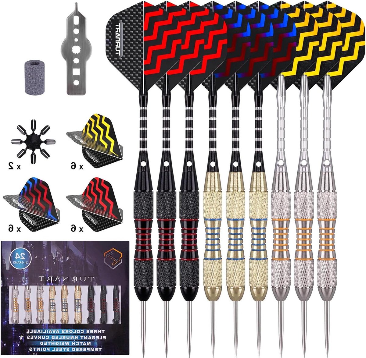 Staal Darts Set - 9 Stks 24 Gram - Professionele Darts - Aluminium Schachten - Darts Tool - Gift Case