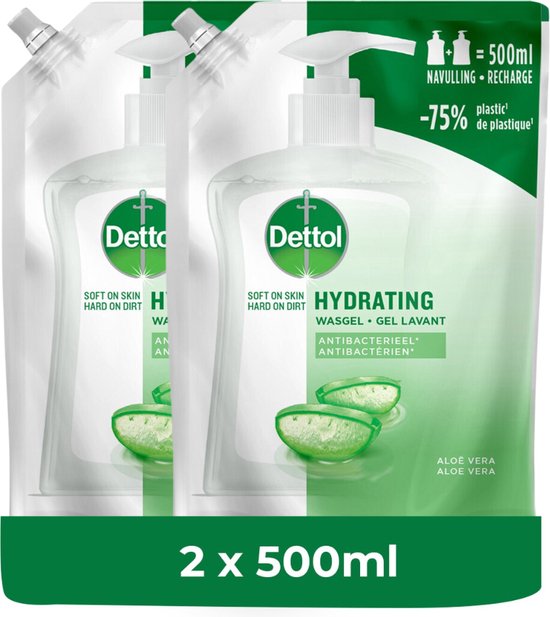 Twee Dettol handzeep navulverpakkingen van 500ml, met aloe vera.