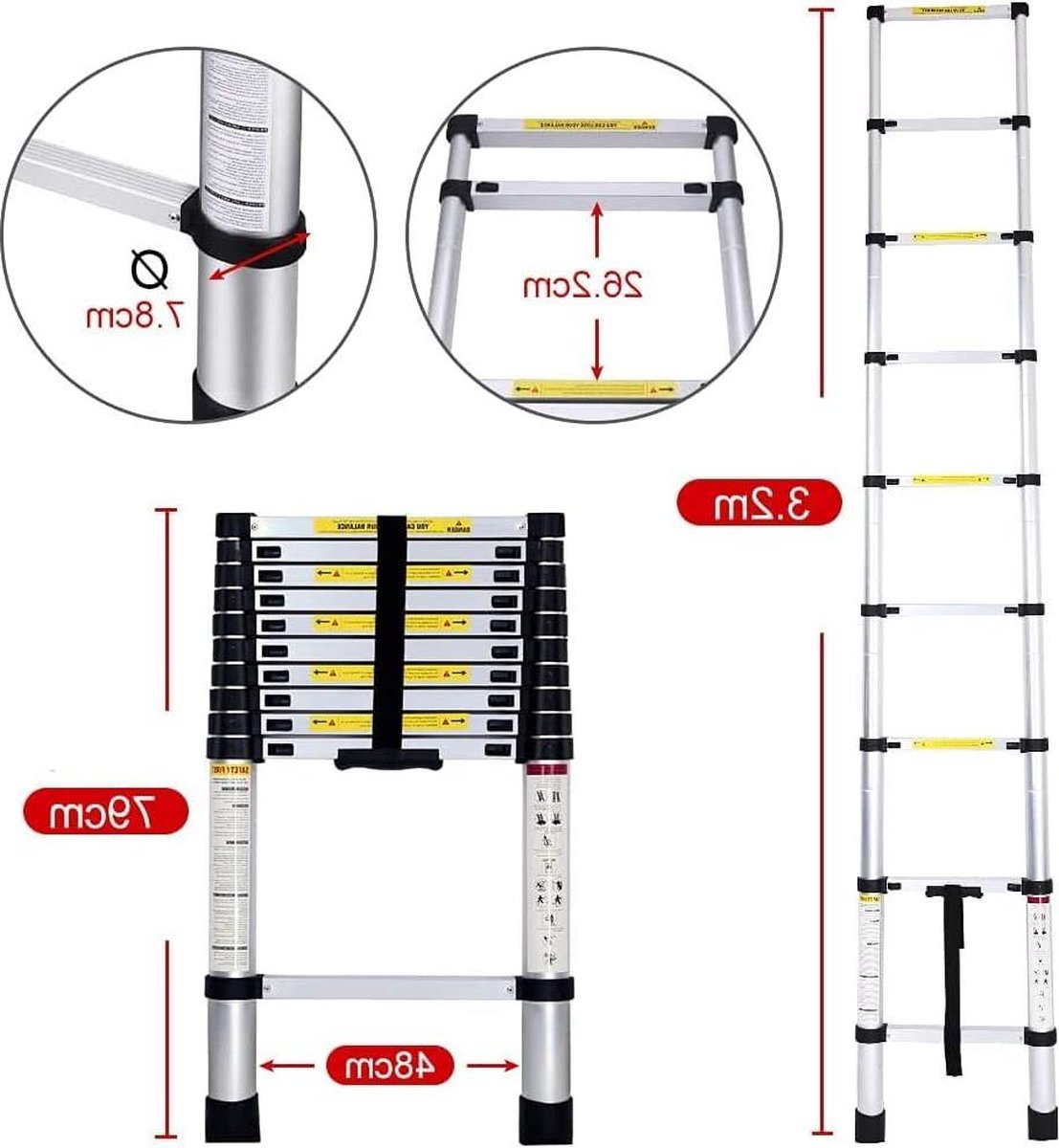 Telescopische ladder Aluminium Draagbaar Uittrekbaar Garage Auto 3.2 m Telescopische ladder