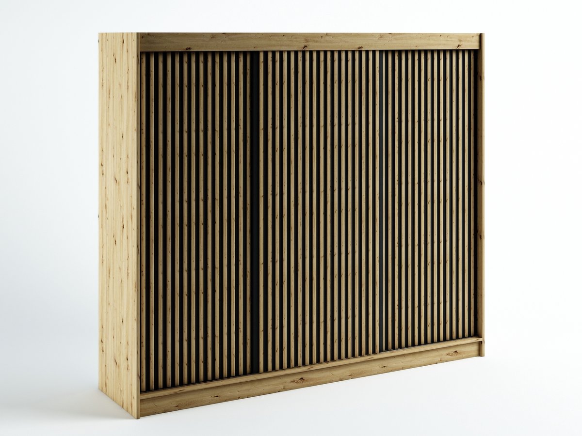 InspireMe - Kledingkast met 3 schuifdeuren, Loft-stijl, Kledingkast met planken (BxHxD): 250x200x62 - MELO I 250 met 4 lades Artisan Eik + Zwart