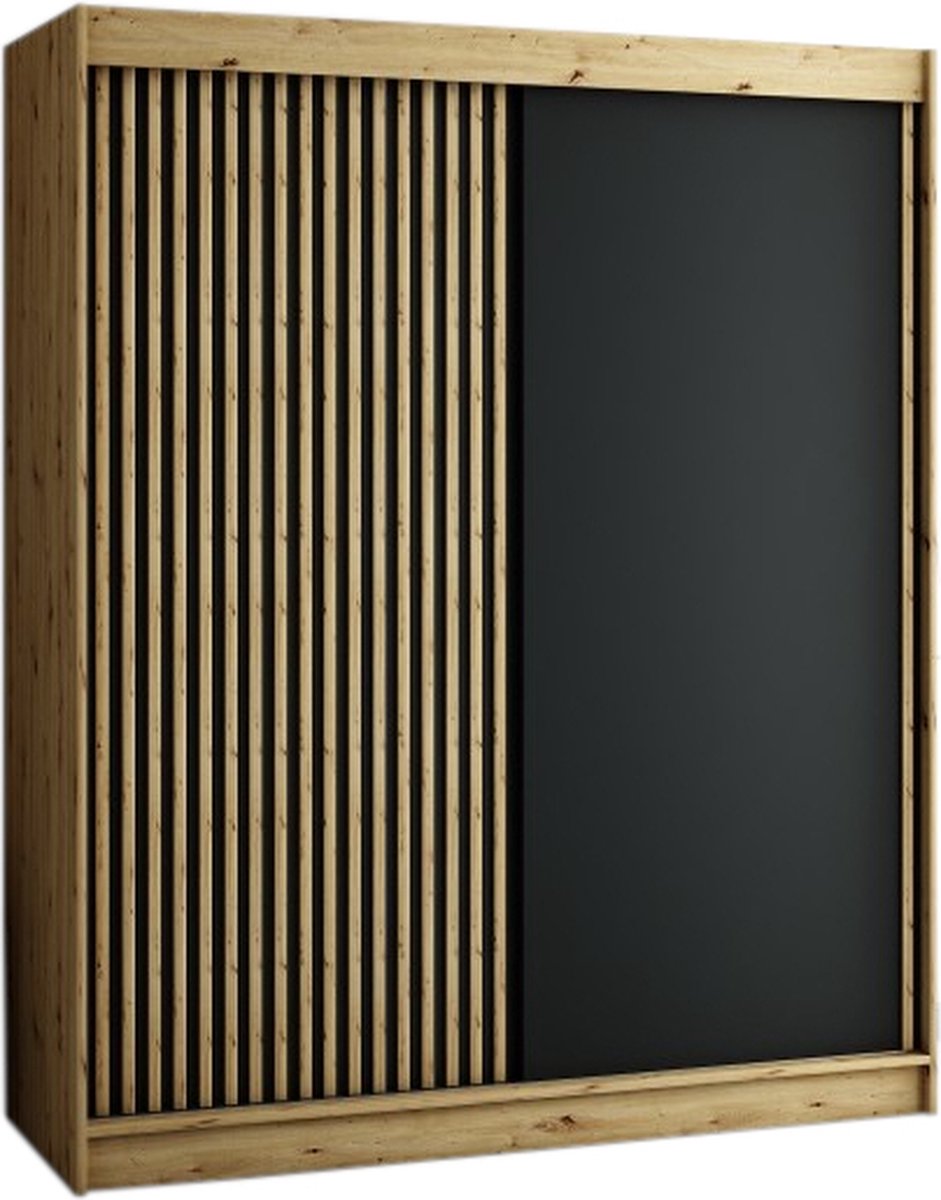 InspireMe - Kledingkast met 2 schuifdeuren, Loft-stijl, Kledingkast met planken (BxHxD): 200x200x62 - MELO 200 met 4 lades Artisan Eik + Zwart