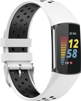 By Qubix - Geschikt voor Fitbit Charge 5 - Fitbit Charge 6 Sportbandje met gesp - Wit - zwart - Tweekleurig - Maat: L - Smartwatch Band - Horlogeband - Polsband