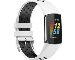 By Qubix - Compatible Fitbit bandje - Geschikt voor Fitbit Charge 5 - Fitbit Charge 6 Sportbandje met gesp - Wit / zwart - Tweekleurig - Maat: L - Horlogeband - smartwatchbandje